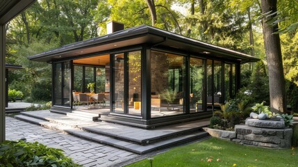 Modern Garden Oasis Contemporary Sunroom or Conservatory, Blending Indoor Comfort with Outdoor Charm on a Paved Patio
