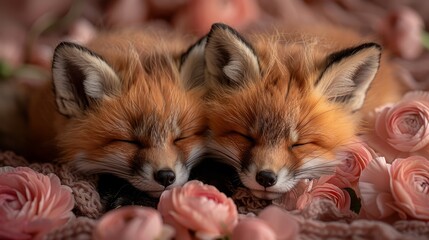 Obraz premium Two foxes rest beside each other on a bed of pink flowers, covered by a blanket