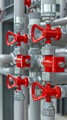 A series of red,S podium gas Devices, silver and gray metal pipes with bright red levers on the side This is an industrial style design that emphasizes technology and safety in home gas systems The fo
