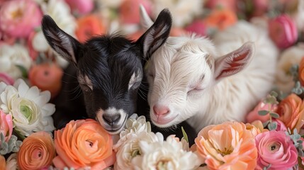   A couple of goats rest next to each other atop a flower-filled field, with roses forming the backdrop