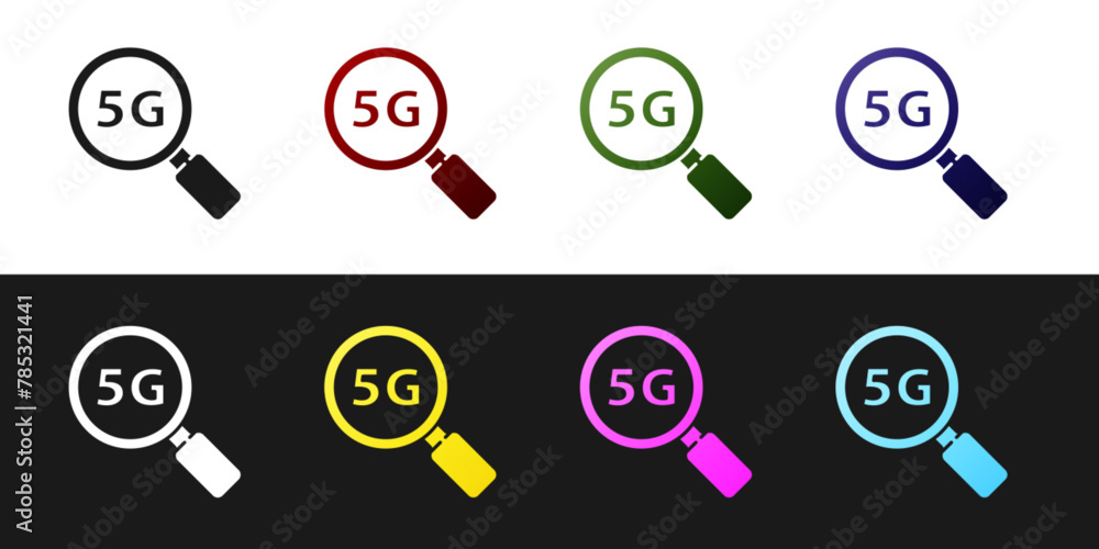Poster set search 5g new wireless internet wifi connection icon isolated on black and white background. glo