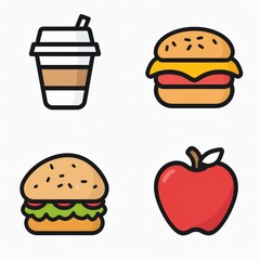 Food and beverage icon set: pizza, coffee cup, apple, and burger