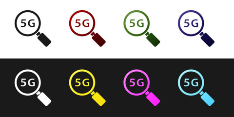 Set Search 5G new wireless internet wifi connection icon isolated on black and white background. Global network high speed connection data rate technology. Vector