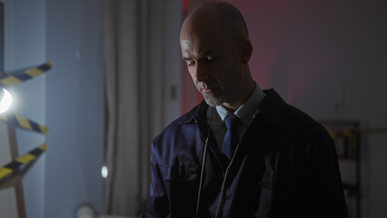 Bald detective examines evidence in dimly lit crime scene, with intense focus and a serious expression.