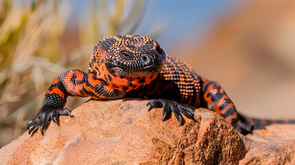 Obraz premium Gila Monster: A Gila monster sunbathing on a rock, shot with a macro lens to detail its textured skin and vibrant patterns, set against a desert background with copy space