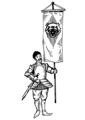 Banner bearer with standard flag engraving PNG illustration. Scratch board style imitation. Black and white hand drawn image. - obrazy, fototapety, plakaty