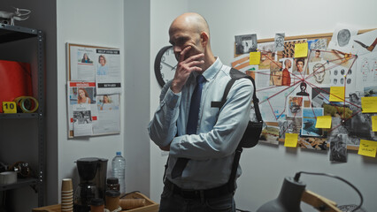 Bald man analyzing evidence on a cork board in a detective's office, conveying investigation and...