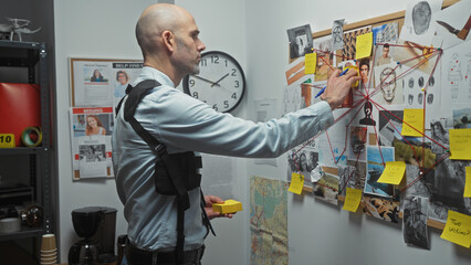 Bald detective man analyzes evidence board in a police station office, surrounded by investigative...