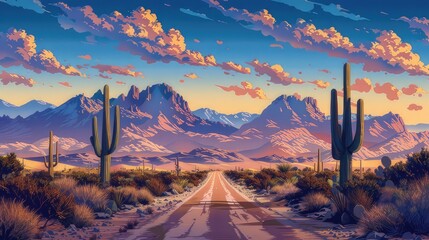 Scenic desert landscape brown background with desert road, cactus, and majestic mountains
 - obrazy, fototapety, plakaty