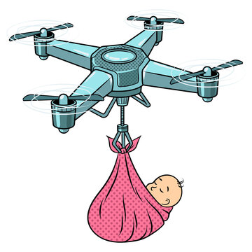 Quadrocopter drone carries newborn baby as stork pop art retro PNG illustration. Isolated image on white background. Comic book style imitation.