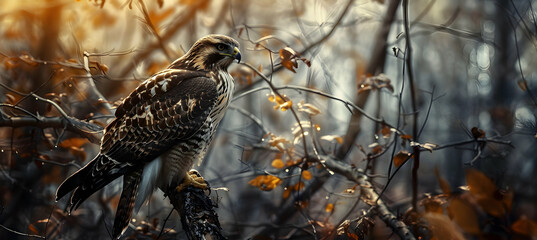 Hawk: A hawk perched and alert, captured using a telephoto lens to detail its intense gaze, set against a muted forest background with copy space
