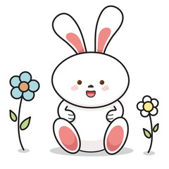 Cute nice hare with open mouth and blue and white flowers on white background in kid's outline style, flat vector illustration