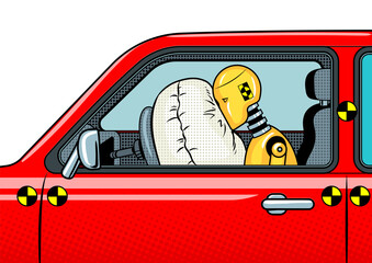 Crash test dummy in car after accident pop art retro PNG illustration. Isolated image on white background. Comic book style imitation.