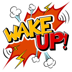 Obraz premium Wake up word pop art retro PNG illustration. Isolated image on white background. Comic book style imitation.
