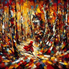 Fototapeta premium A painting of a forest with a girl in a red coat and a wolf