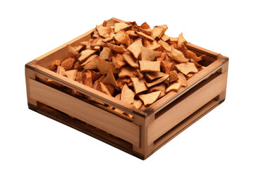 Abundant Crunch: A Wooden Box Brimming With an Array of Tantalizing Chips.. On a White or Clear Surface PNG Transparent Background.