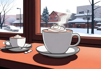 A Steaming Mug Of Hot Cocoa On A Cozy Cafe Table