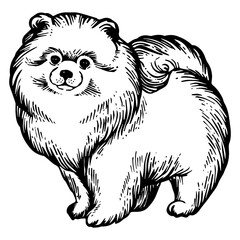 Spitz Pomeranian dog animal engraving PNG illustration. Scratch board style imitation. Black and white hand drawn image. - 785322691
