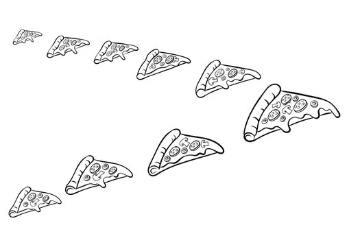 Pizza slices fly like flock of birds coloring retro PNG illustration. Isolated image on white background. Comic book style imitation.