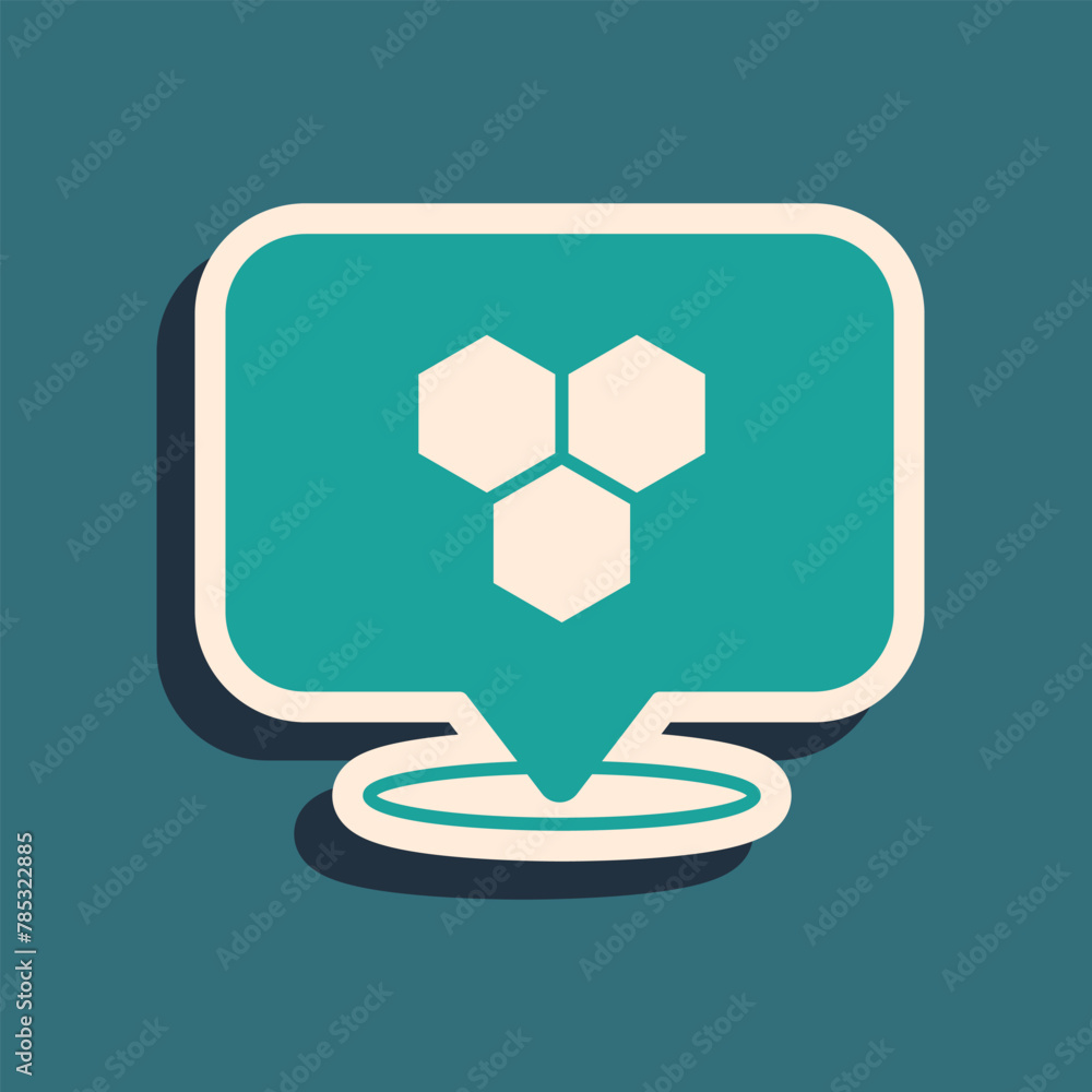 Poster green honeycomb bee location map pin pointer icon isolated on green background. farm animal map poin