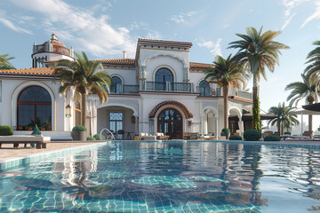 Luxurious Spanish villa with a pool and palm trees in the front, blue sky, holiday advertising
