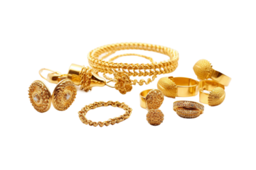 Glittering Treasure Trove: A Luxurious Collection of Gold Jewelry. On a White or Clear Surface PNG Transparent Background.