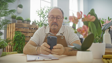 Middle-aged man using smartphone in a flower shop surrounded by plants and natural light.