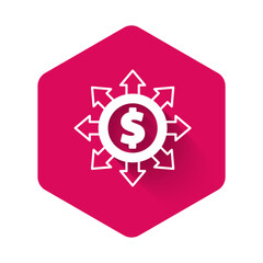 Fototapeta premium White Dollar, share, network icon isolated with long shadow background. Pink hexagon button. Vector