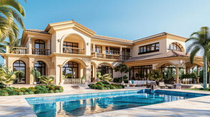 Fototapeta premium Luxurious Spanish villa with a pool and palm trees in the front, blue sky, holiday advertising