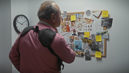 Bald man in pink shirt analyzing a crime investigation board with photos and notes in an office...
