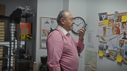 Middle-aged man with moustache in detective office, analyzing evidence board indoors.