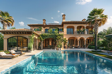 Fototapeta na wymiar Luxurious Spanish villa with a pool and palm trees in the front, blue sky, holiday advertising