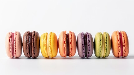 colorful macarons on a pristine white background, offering ample space for text below, while the interplay of light and dark hues adds depth and dimension to each delectable cookie. - obrazy, fototapety, plakaty