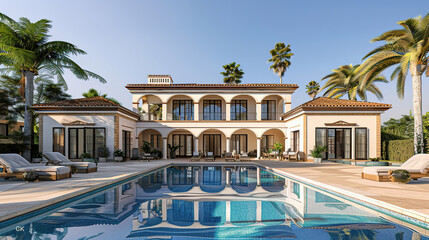 Luxurious Spanish villa with a pool and palm trees in the front, blue sky, holiday advertising - obrazy, fototapety, plakaty