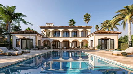 Foto op Aluminium Luxurious Spanish villa with a pool and palm trees in the front, blue sky, holiday advertising © Uwe