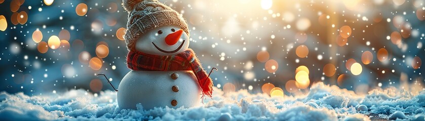 Christmas snowman in closeup, silhouetted against hazy morning sunshine and sporting a red muffler and red cap, Generative AI. - obrazy, fototapety, plakaty