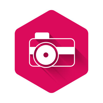 White Photo camera for diver icon isolated with long shadow background. Foto camera icon. Diving underwater equipment. Pink hexagon button. Vector