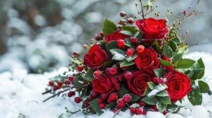 Winter Elegance Red Roses and Berries Bouquet Resting on Snowy Ground, Creating a Stunning Seasonal Scene

