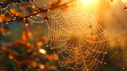 spider web with drops of water in the web in the sun - obrazy, fototapety, plakaty