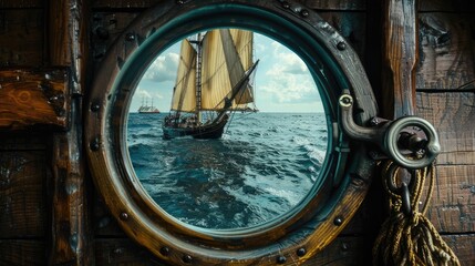 Fototapeta premium a ship's porthole, revealing an old sailing boat with people on board against a backdrop of dark brown wooden boards, evoking a sense of maritime adventure and tradition.
