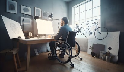 person in wheelchair working on computer at home - obrazy, fototapety, plakaty