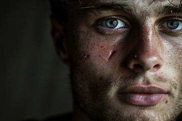 Obraz premium Close up image of a young man face with acne generative AI