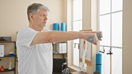 Mature man exercising with dumbbells in a bright physiotherapy clinic
