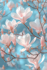 white magnolia flowers on blue background
