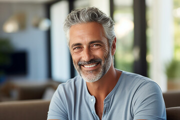 AI generated picture of happy nice handsome man enjoying weekend at home