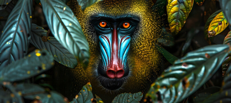Mandrill: A mandrill with its striking facial colors, photographed in high resolution to capture the details of its vibrant face, set against a natural jungle background with copy space