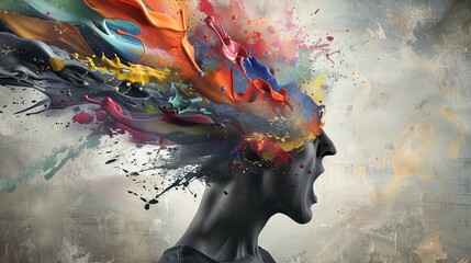 Conceptual visualization of creativity as colorful paint exploding from a dull gray brain