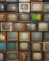 Wall of vintage televisions displaying static - A collection of various old-fashioned TV sets mounted on a wall, all displaying different static images