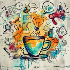 Obraz premium Creative coffee cup with brainstorm doodles - A colorful, imaginative depiction of a coffee cup surrounded by brainstorming and creative doodles
