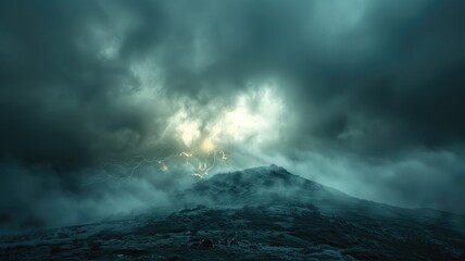 Mysterious mountain under stormy skies - A dark and brooding image capturing the intensity of a lightning storm over a rugged mountainous landscape - obrazy, fototapety, plakaty